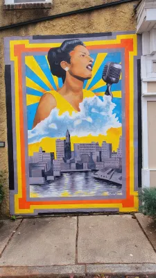 A mural by Bridget Cimino honors Billie Holiday. Photo credit: Ed Gunts.
