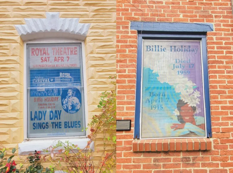 Painted screens on South Durham Street honor Billie Holiday. Photos by Ed Gunts.