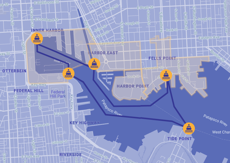 screenshot of blue map showing stops around inner harbor of water taxi