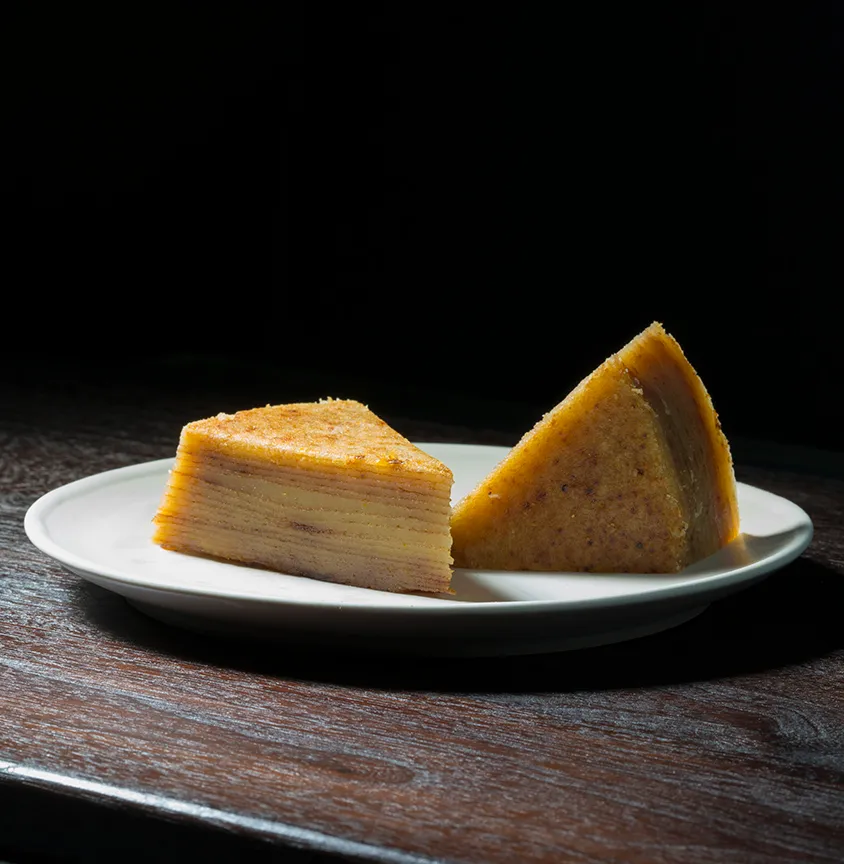Layered dessert on a white plate.