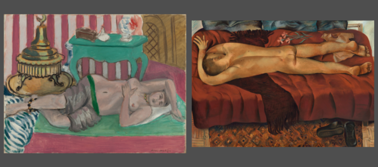 collage of two paintings;(l) Matisse painting of nude woman lying on the floor (r) Fratino painting of nude man lying face down on a red lounger