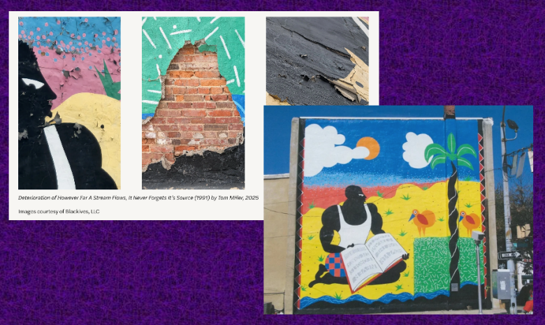 2 photos: (l) mural paint peeling (r) Tom Miller mural on side of building "However Far the Stream Flows" with Black man in white tank top kneeling and reading a book on a sunny day