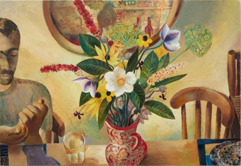 painting of vase of flowers on table with chair to the right and person to left
