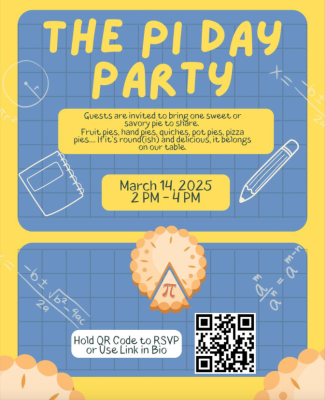 flier with blue background and yellow border and lettering for "The Pi Day Party" from the Farmers Market Supper Club