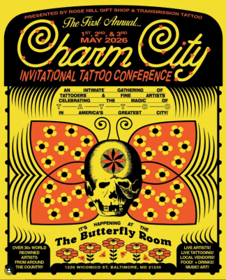 flier for Charm City Tattoo Invitational, yellow background with red butterfly and white skull in the middle