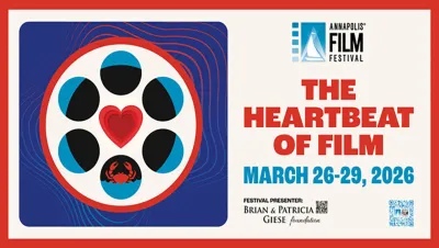 advert for Annapolis film festival with film reel graphic on left and "The Heartbeat of Film" and QR code on right