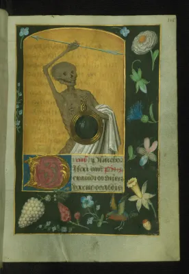 A book of hours that originated in Belgium (ca. 1490-1500) depicts death holding an arrow and mirror. The work was made using ink, paint, and gold parchment. It was acquired by Henry Walters before 1931. Image courtesy Walters Art Museum.