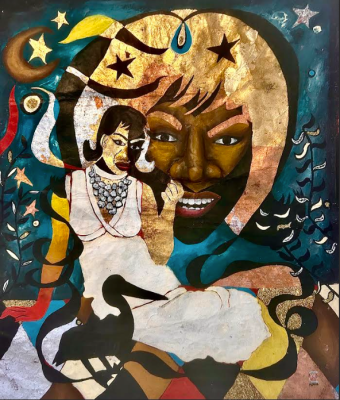 Art portrait of woman wearing white dress against night sky and darker faced blond woman with green background