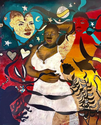 portrait of woman in white dress dancing with red background behind her and face in upper left and red and dark green backgrounds