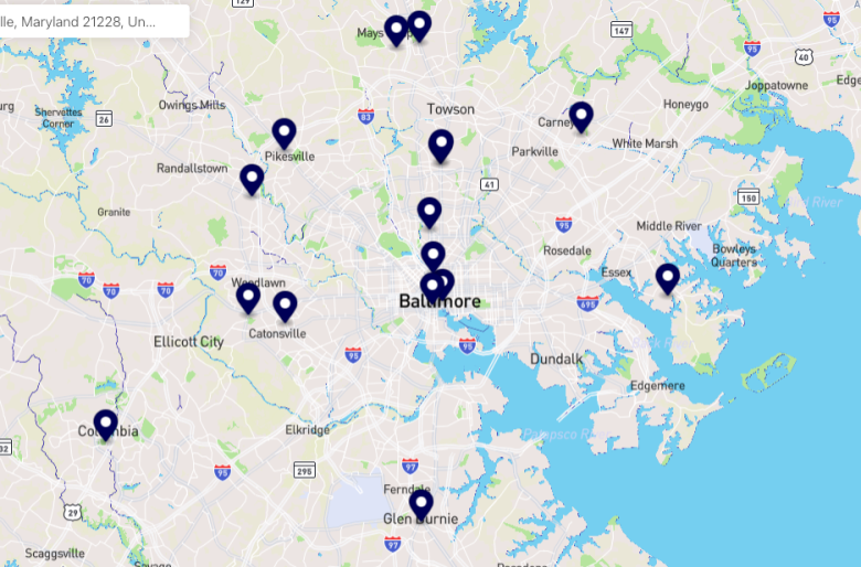 map of Baltimore and surrounding area with pins in 15 locations