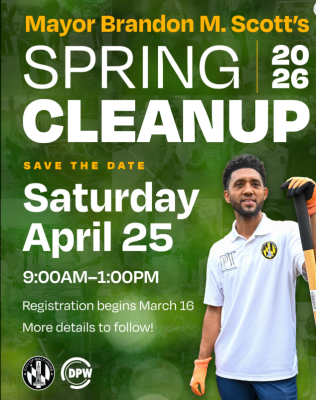 flier for 2026 Spring Cleanup with photo of man with beard and moustache wearing white polo and garden gloves holding top of rake and info on event.