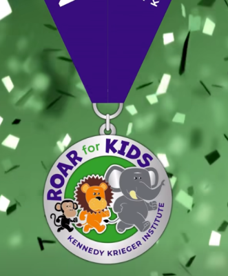 Green background with silver ROAR FOR KIDS medal featuring a cartoon tiger