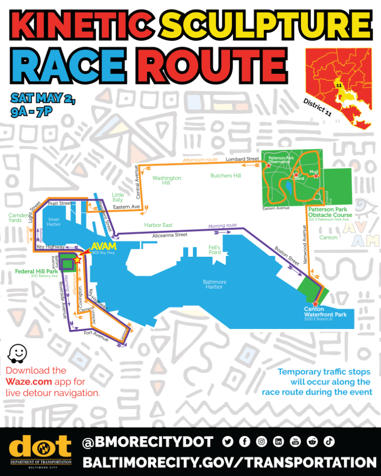Map detailing street closures and parking restrictions for the 2026 Kinetic Sculpture Race.