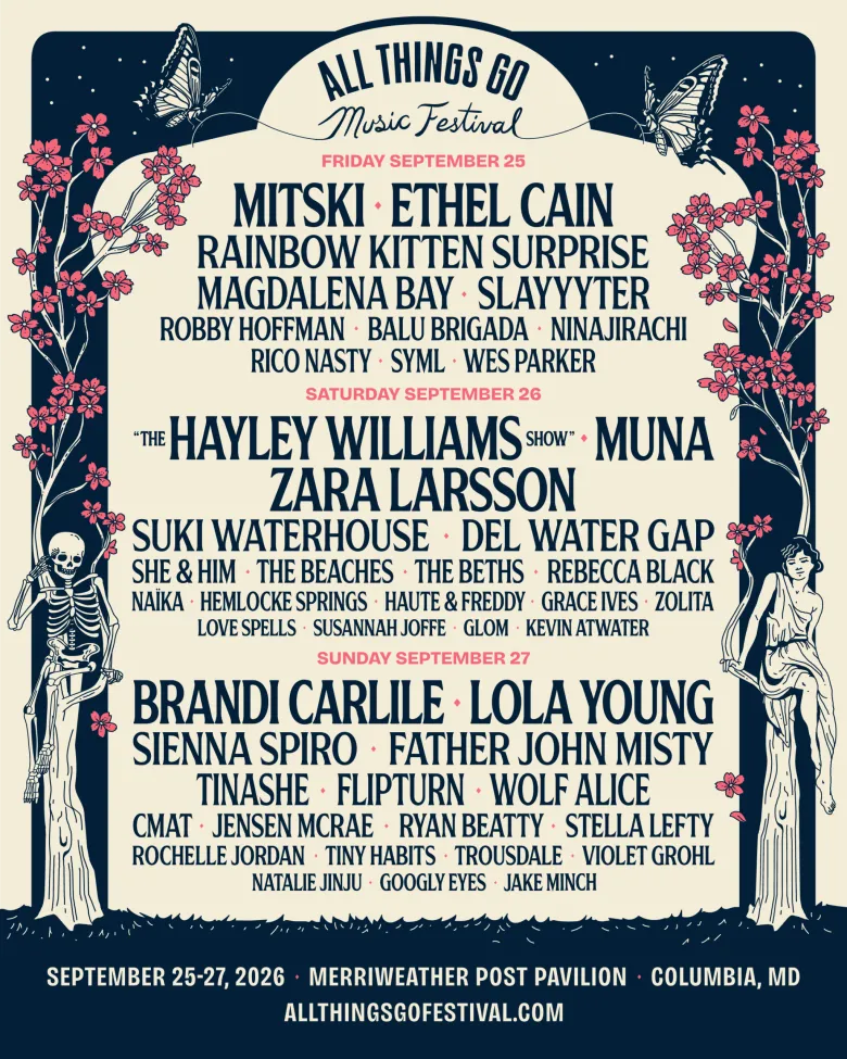 All Things Go lineup poster, cream background with black font with list of performers 