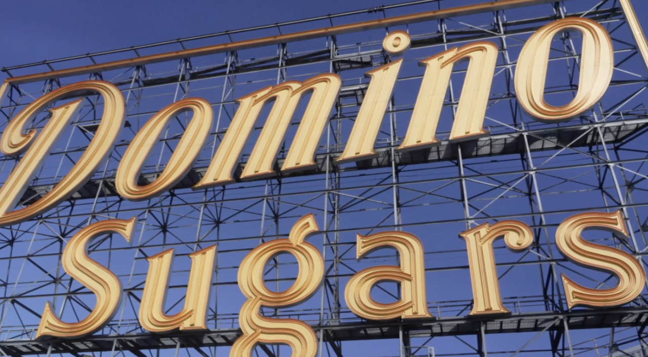 Domino Sugars sign up close during the day