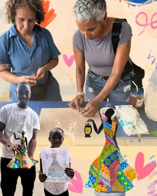 collage of people working on different versions of Mother Earth sculpture