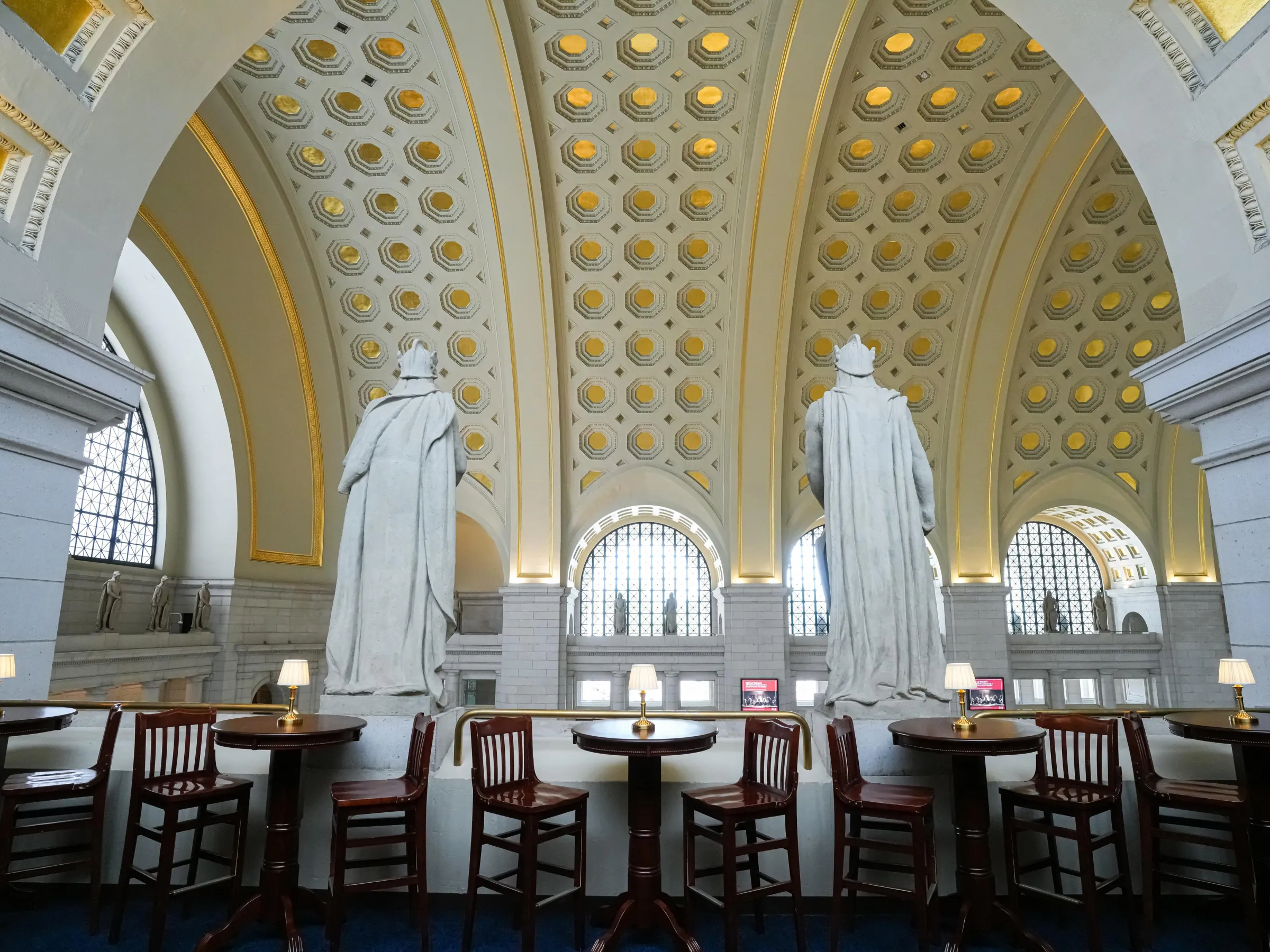 Legionnaire statues guard the bar at the top of Union Station.
