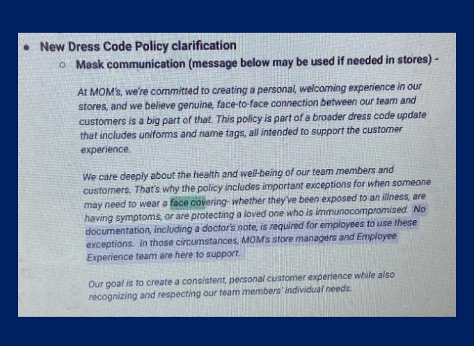 screenshot of email language for clarification for mask ban