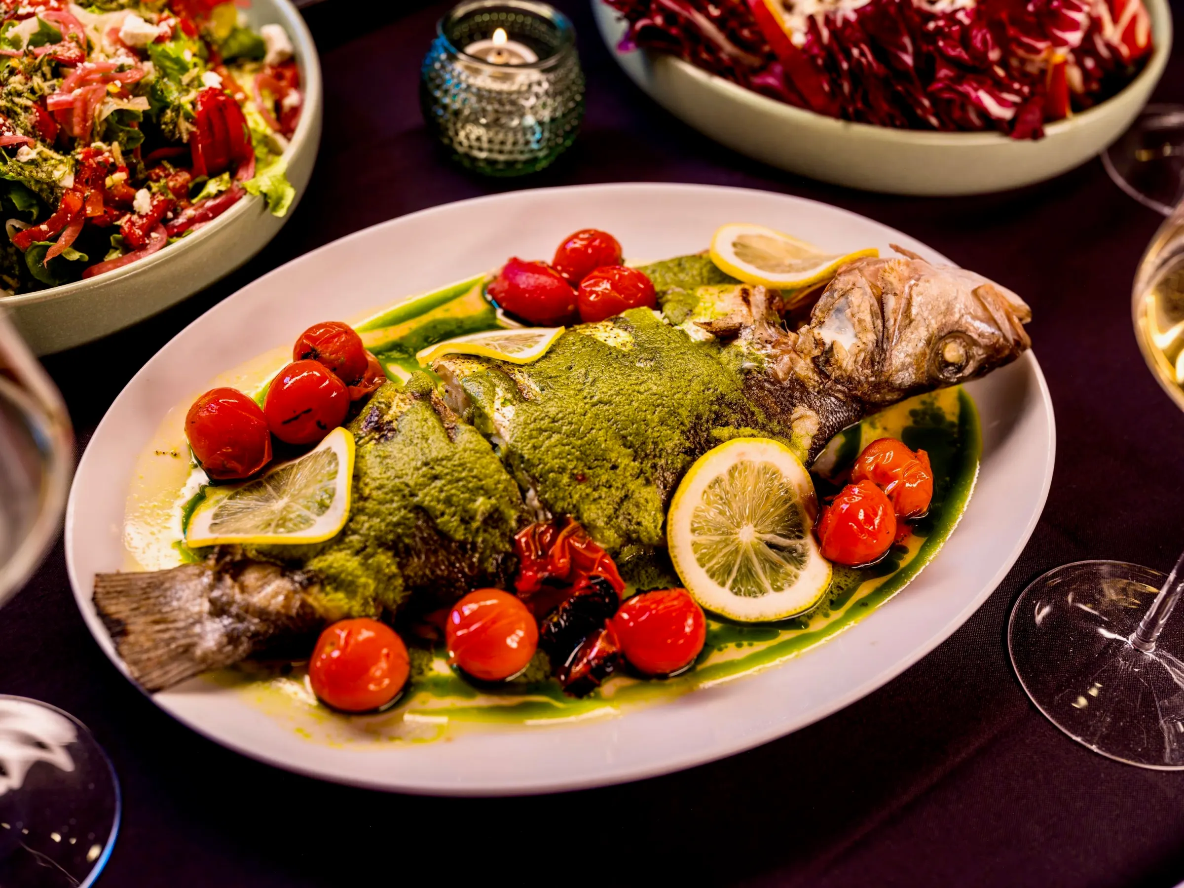 Salads and branzino at Ellizabetta.