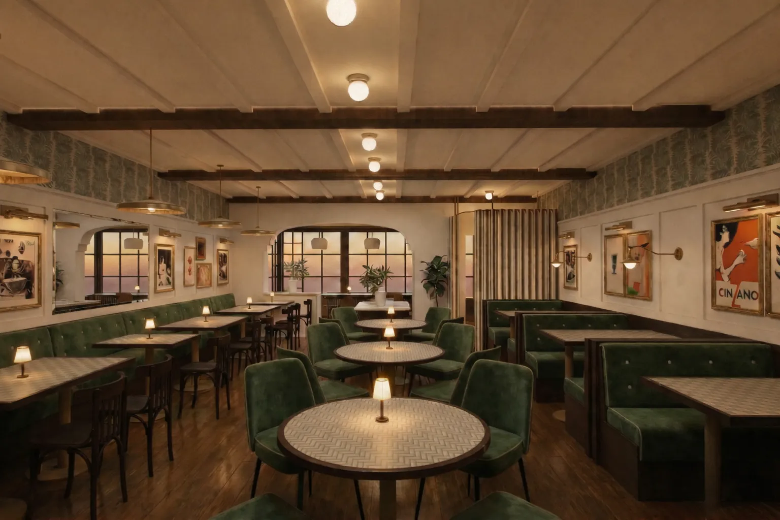 The sleek dining room at Maurizio’s.