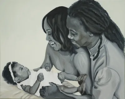 A Black woman holds a Black baby girl while a Black man looks over her shoulder. The painting depicts the scene in black and white tones.