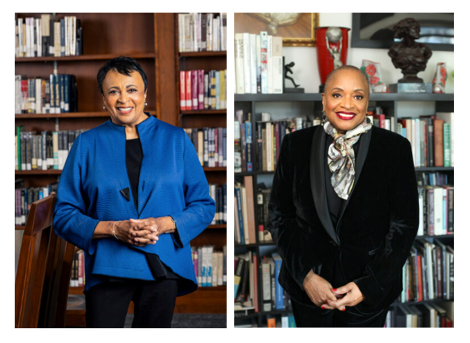 two photos, (l) woman in blue blazer standing in front of bookcase; (r) woman in black blazer standing in front of bookcase