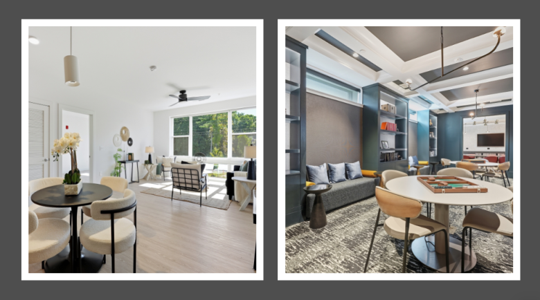 two photos: (l) living room of apartment; (r) common room, lounge, game room of The Residences at Patapsco